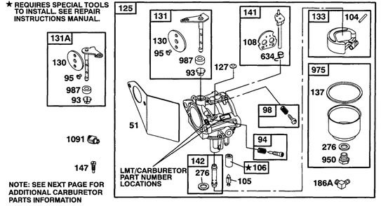 Carburetor Group Diagram and Parts List for 19A402-0699-XX  Briggs and Stratton Engine